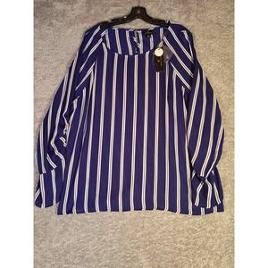 Worthington Verve White Stripe Blouse Blue White Ruched Sleeve XXL NWT Spring